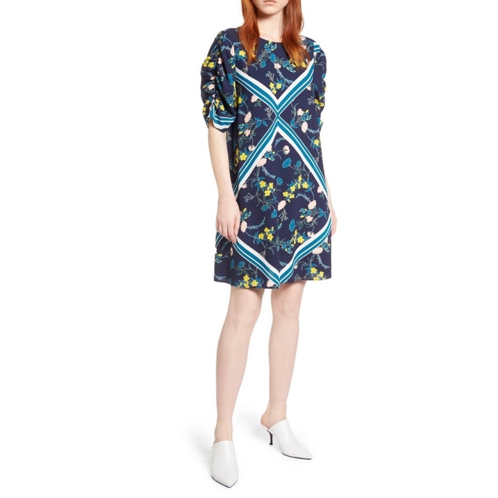 Halogen Blue Ruched-Sleeve Floral Shift Dress